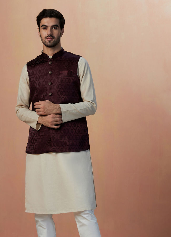 alt message - Manyavar Men Wine Self Design Jacket image number 1